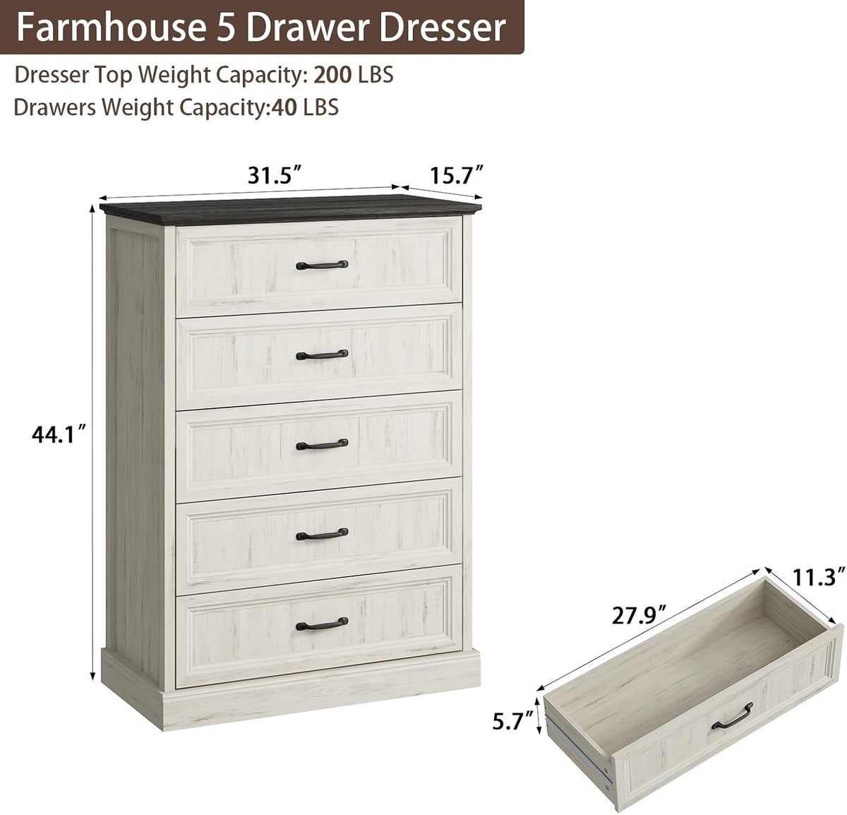 Farmhouse 5 Drawers Dresser for Bedroom, 44" Tall White Dresser Wood Rustic Chest of Drawers with