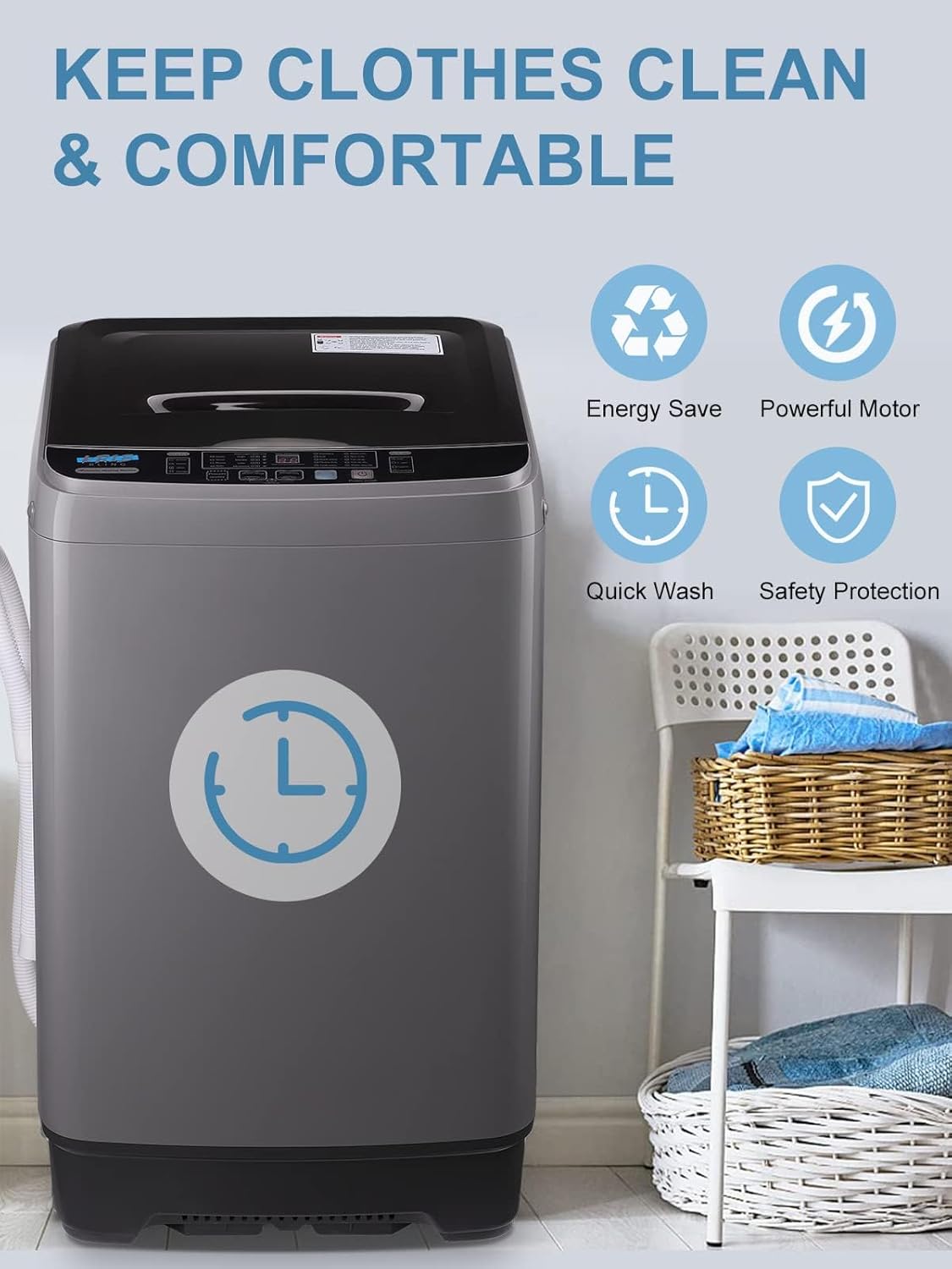 Full-Automatic Washing Machine 17.7 lbs Small Compact Portable 10 Wash Program & 8 Water Level