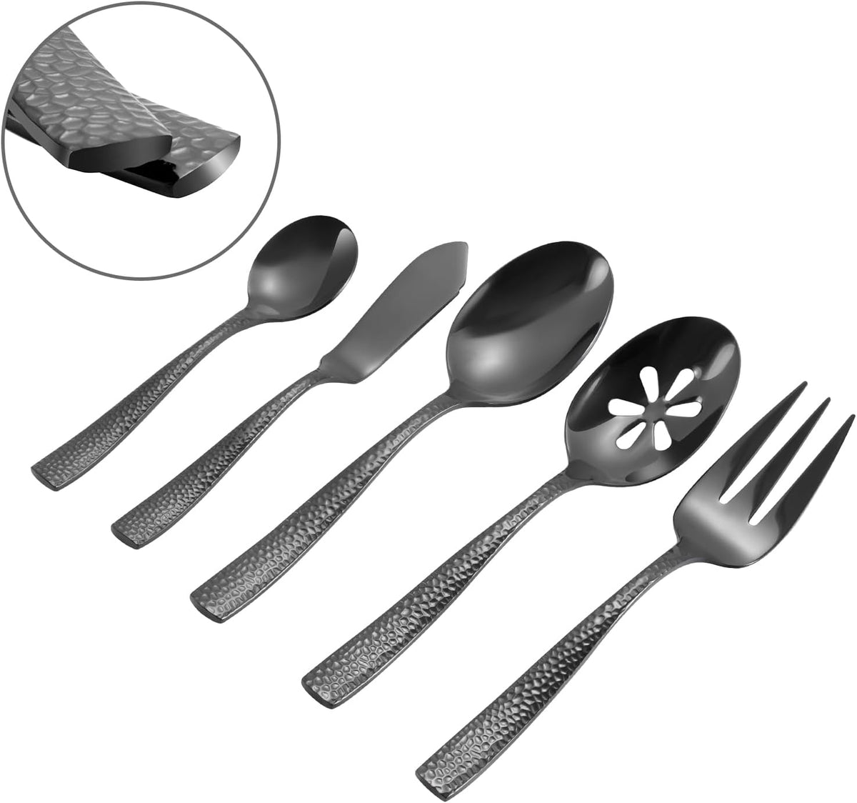 Stainless Steel Silverware Serving Set Hammered Black Mirror Finished 5 Piece Serving Utensil Set