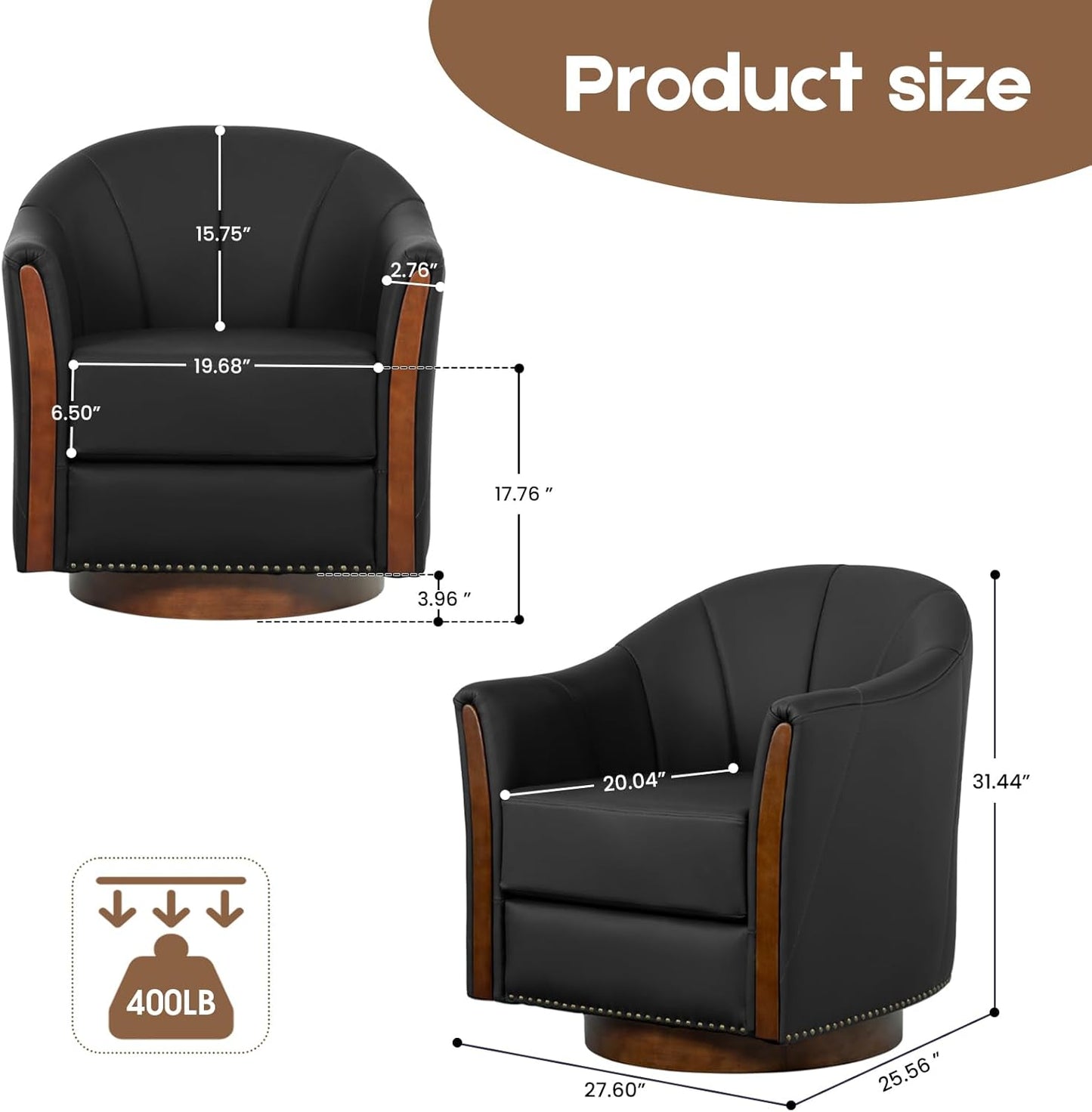 360° Swivel Accent Chair, Modern Leather Barrel Club Chair with PU Leather Upholstery and Sturdy