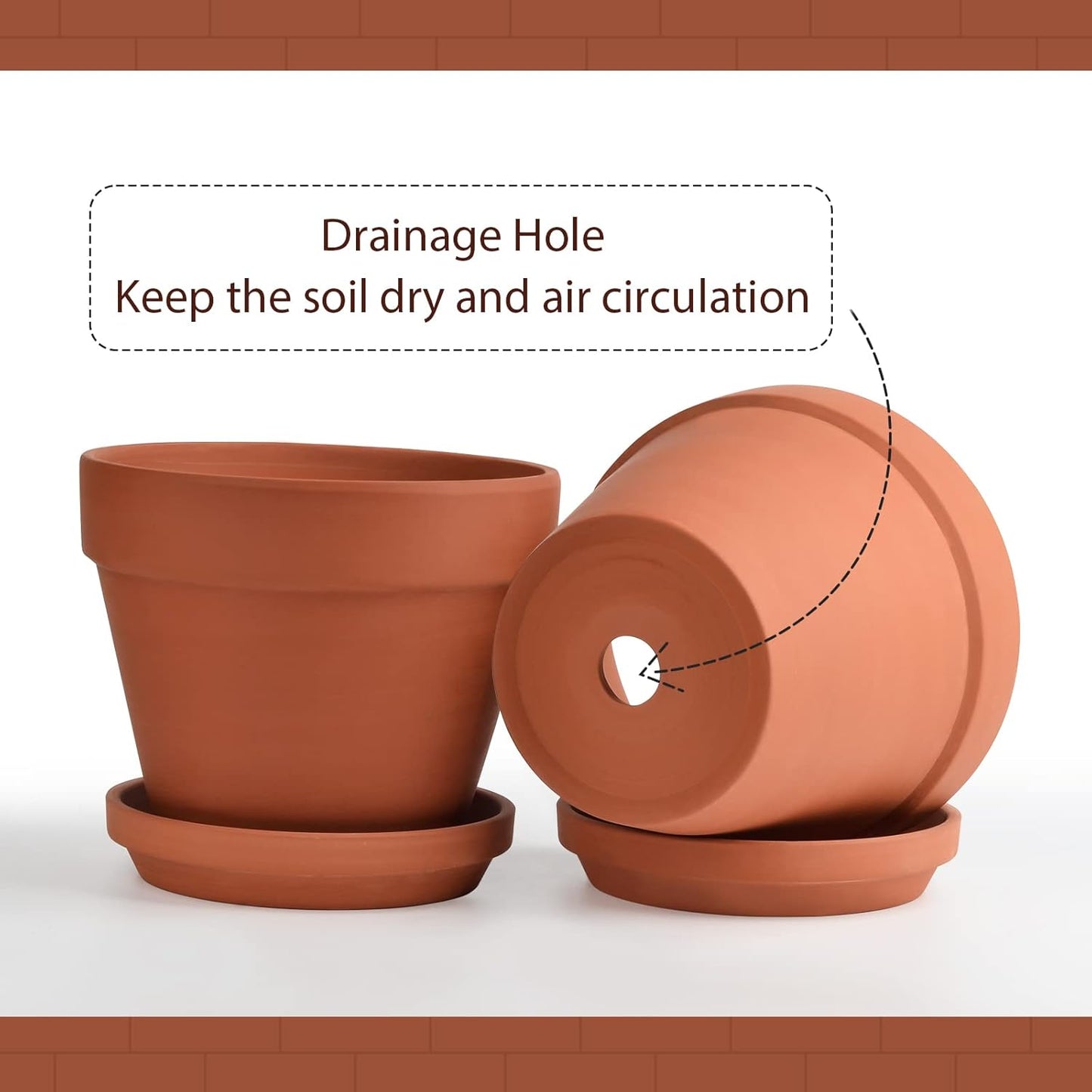 INGOFIN Terracotta Pots Set with Saucer - 2-Pack Ceramic Clay Planters with Drainage Hole, Garden