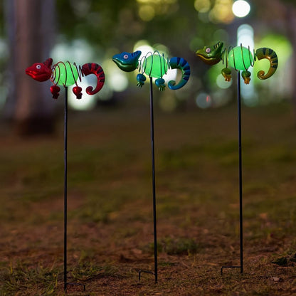 3 Pack Garden Stakes Decorative,Cute Chameleons Glow in The Dark Metal Garden Decor,Waterproof