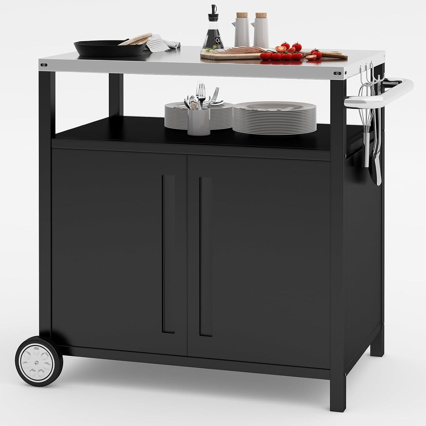 Outdoor Grill Cart with Storage Cabinet Stainless Steel Prep Stand with Storage Cabinet and Wheels