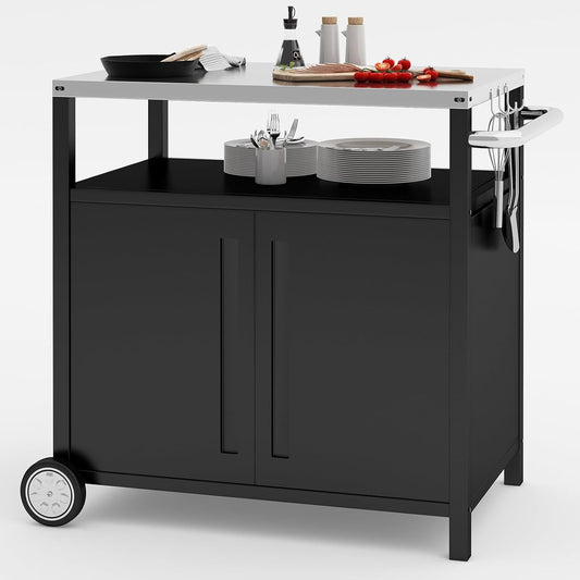 Outdoor Grill Cart with Storage Cabinet Stainless Steel Prep Stand with Storage Cabinet and Wheels
