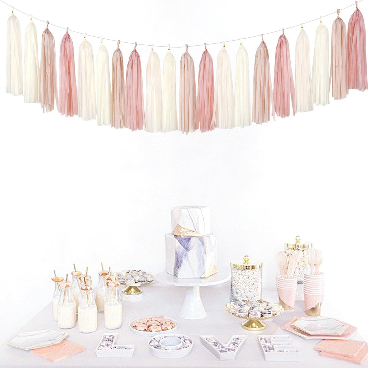 Champagne-Gold Beige Boho Party-Decorations Tassel-Garland - 20pc Fall Baby Shower Birthday Wedding