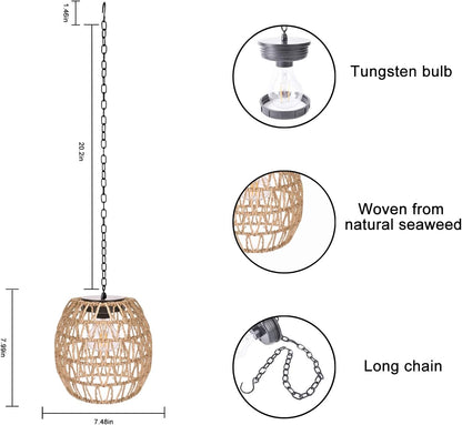 Livinlarge Boho Pendant Solar Light Rustic Hand-Woven Rattan Chandelier Coastal Retro Lamp Wedding