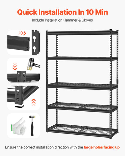 VEVOR Storage Shelves, 2500 lbs, 5 Tier Heavy Duty Garage Shelving, 18" D x 48" W x 72" H