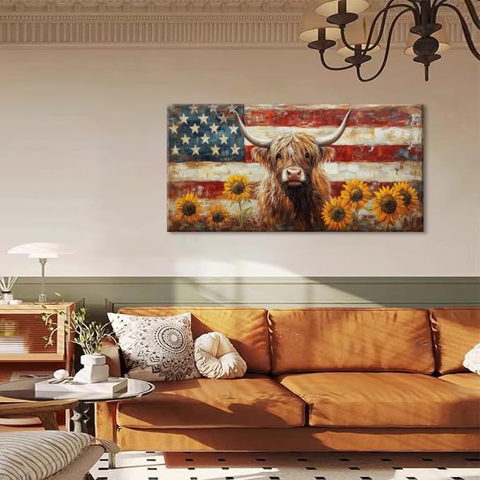 LASMOND Country Highland Cow Wall Art for Living Room Rustic Retro Vintage American Flag Sunflower