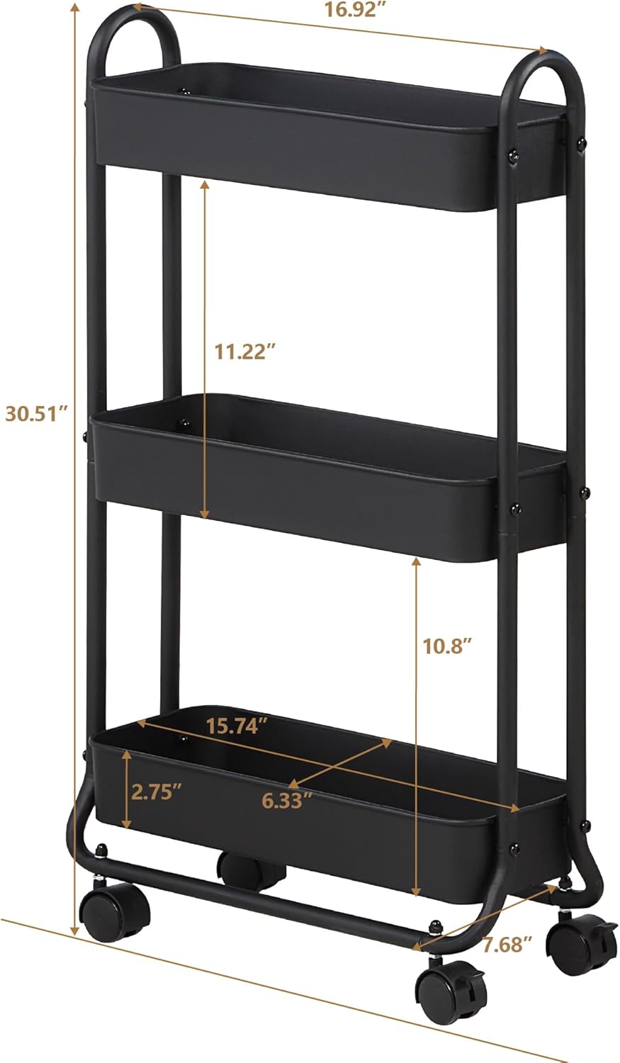 SunnyPoint Slim Rolling Storage Cart, 3 Tier Bathroom Storage Organizer Bathroom, Laundry Utility