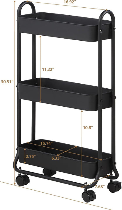 SunnyPoint Slim Rolling Storage Cart, 3 Tier Bathroom Storage Organizer Bathroom, Laundry Utility