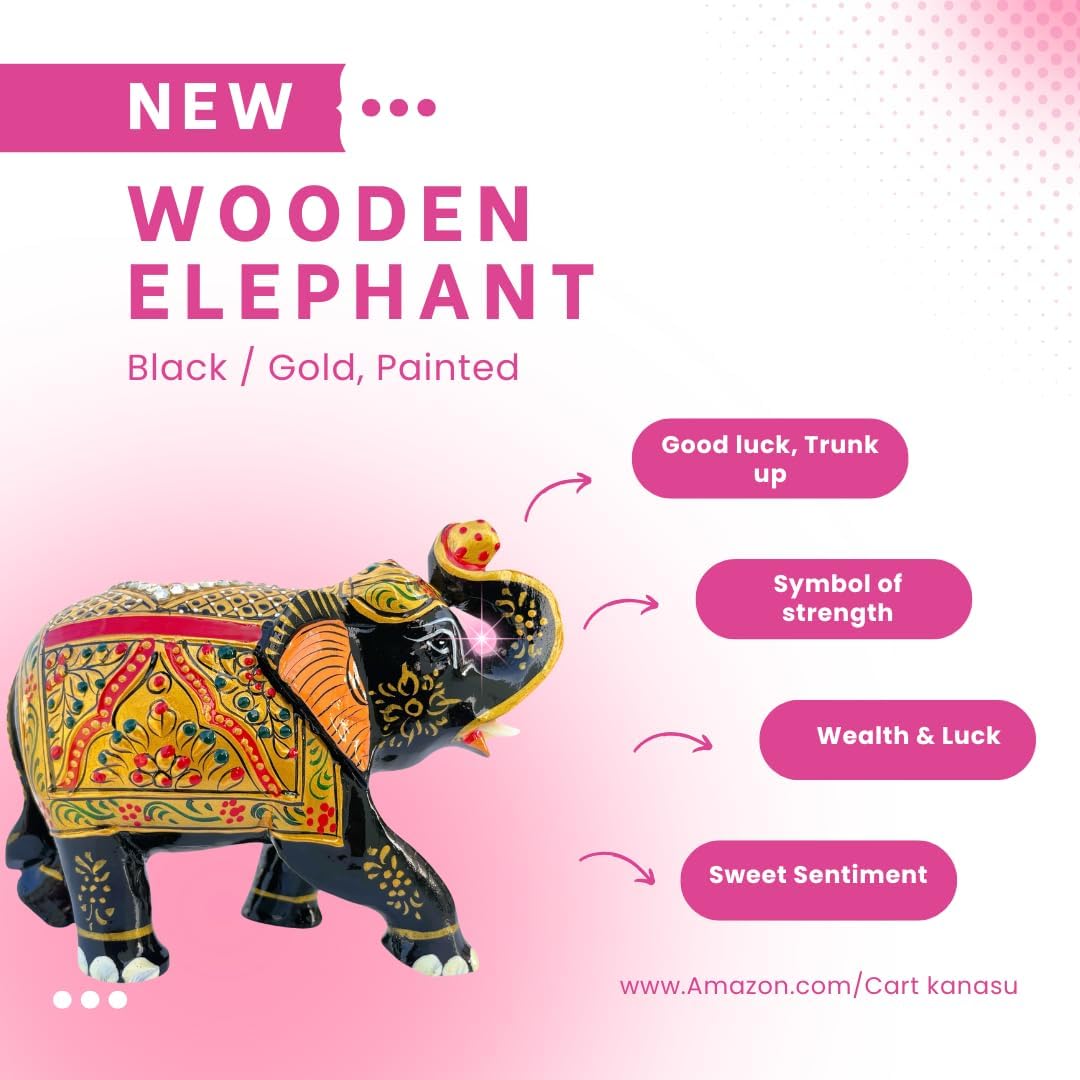 Handcrafted Wooden Elephant Figurine – Traditional Artwork, Gold & Gemstone Embellishments – Lucky