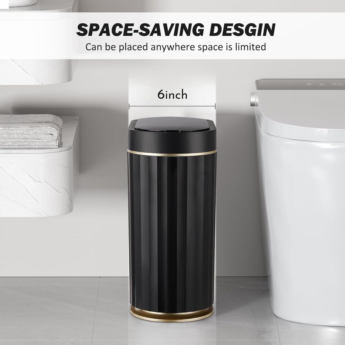 ELPHECO Black Bathroom Trash Can with Lid 2 Gallon Sensor Trash Bin, Automatic Narrow Garbage Can
