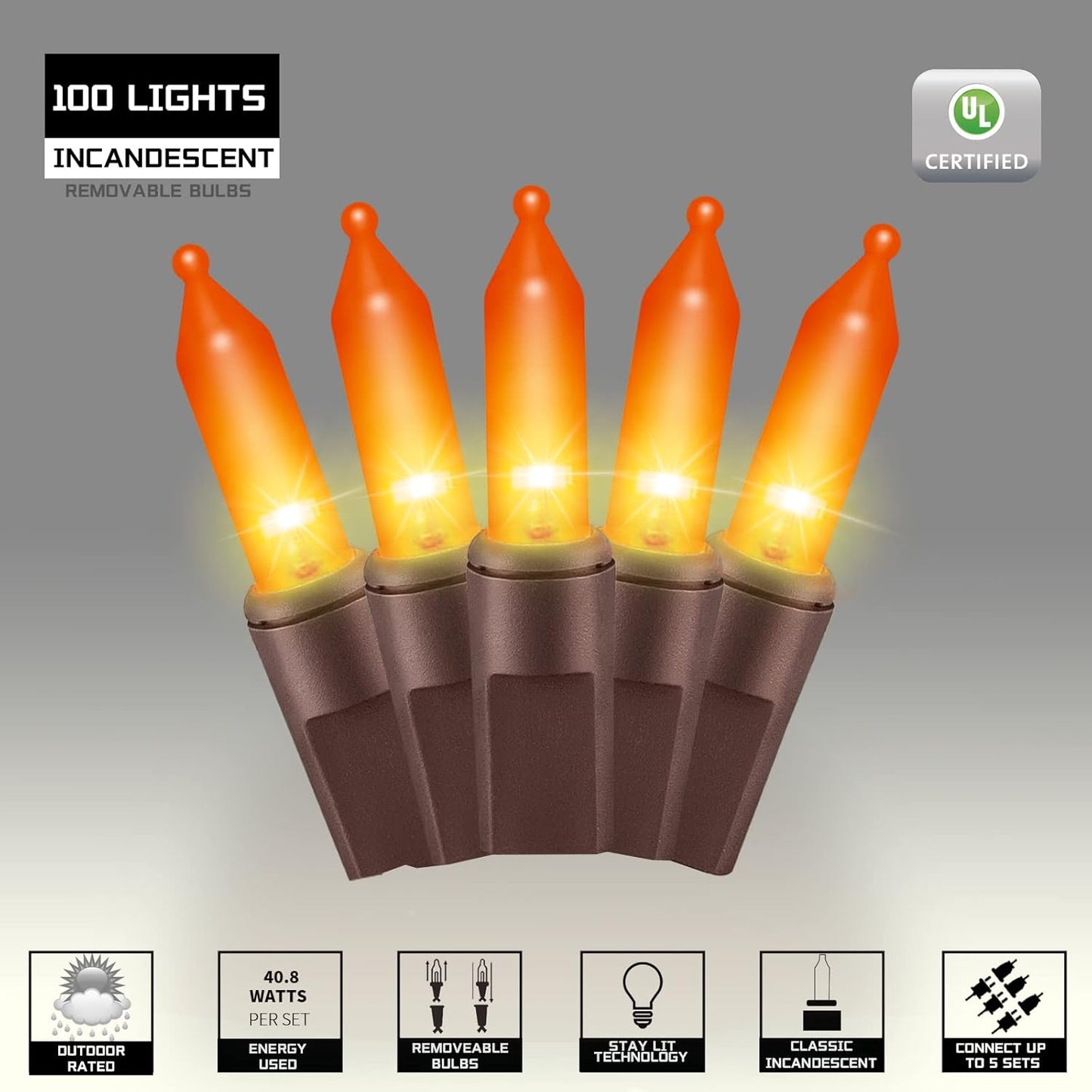 100LIGHTS Orange Extra-Bright with End Connectors Halloween Decorative Lights 5.98m UL Certified