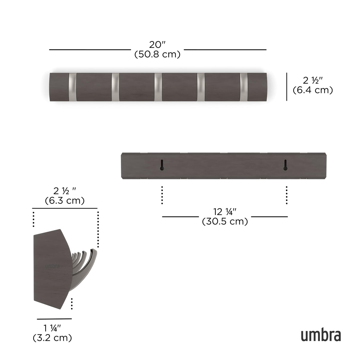 Umbra Flip Coat Rack, Wall Mounted 5-Hook Space Saving, Driftwood/Nickel