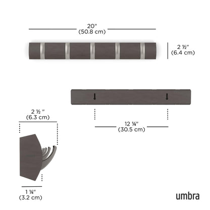 Umbra Flip Coat Rack, Wall Mounted 5-Hook Space Saving, Driftwood/Nickel