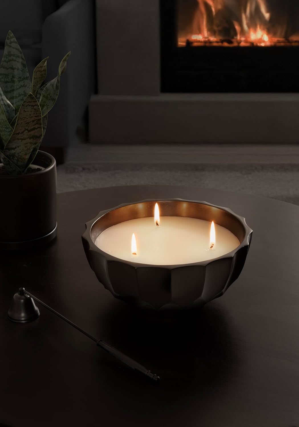 Kate and Laurel Plete Round Pleated Metal Candle Bowl, 8 Inch Diameter, Black Nickel, Modern