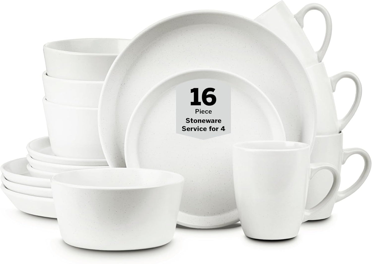 Stone Lain Albie Stoneware 16 Piece Dinnerware Set, Plates and Bowls Sets, Dish Set for 4, White