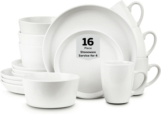 Stone Lain Albie Stoneware 16 Piece Dinnerware Set, Plates and Bowls Sets, Dish Set for 4, White
