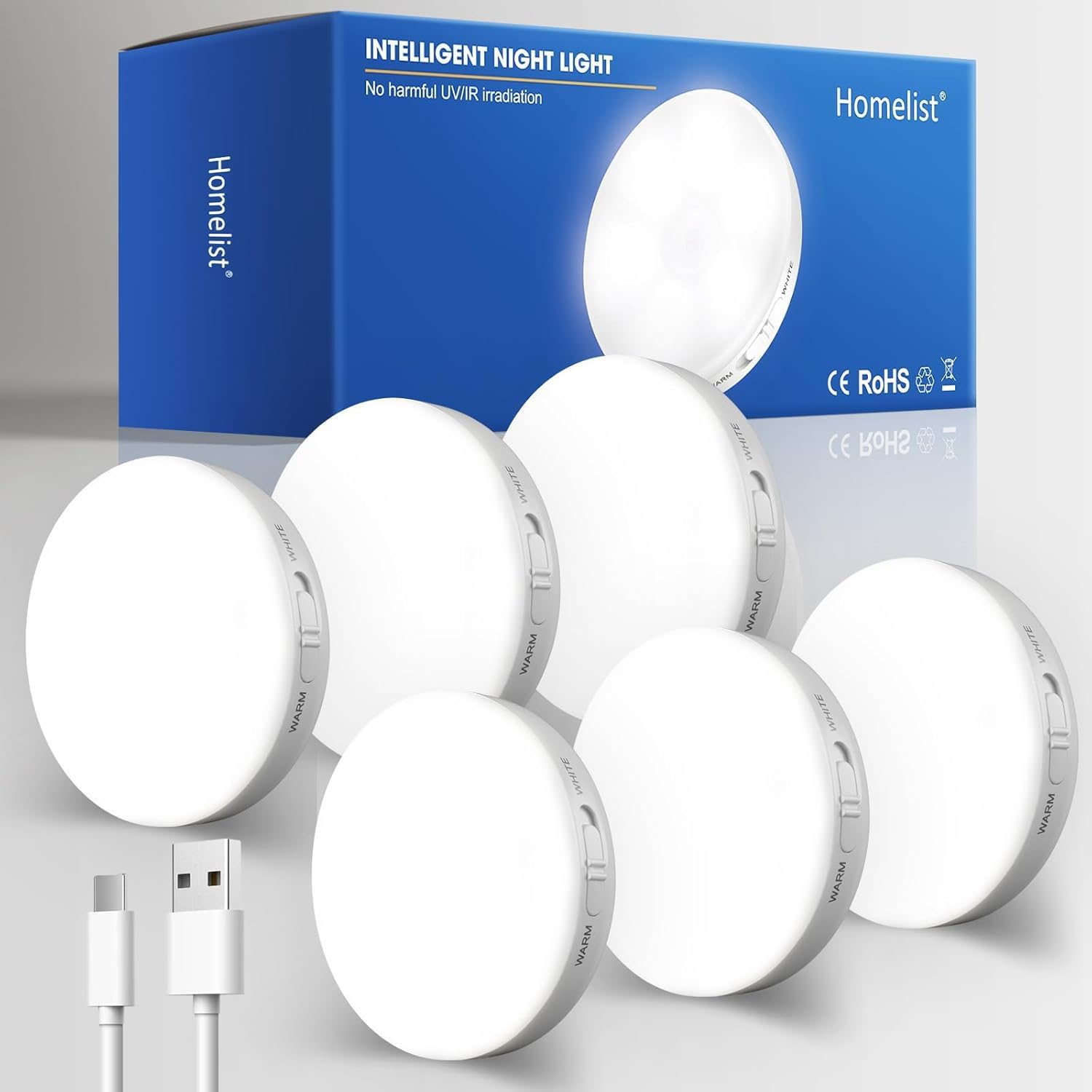 Homelist 6 Pack Motion Sensor Light Indoor, Rechargeable Puck Lights, Wireless Battery Operated
