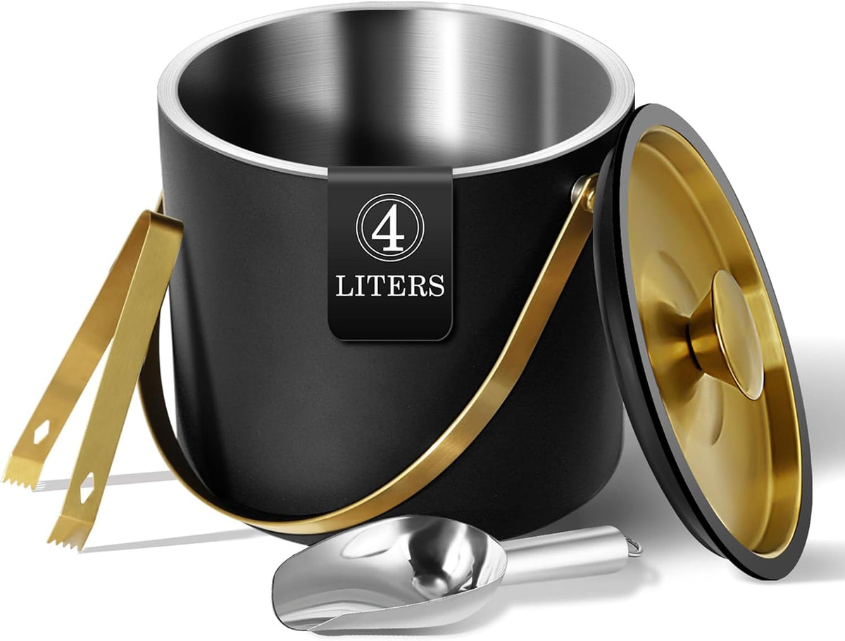 4L Ice Bucket with Silicone Lid, Scoop, Gold Tongs & Strainer, Stainless Steel Double Wall