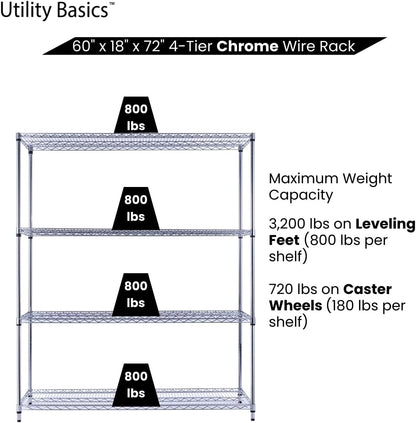 60"x18"x72" Chrome Premium Metal Steel Wire Shelving 4-Tier NSF 3200 LBS MAX Capacity Heavy Duty