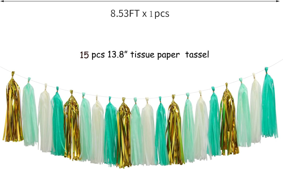 Teal-Blue Mint Beige-Gold Party-Decorations Tassel-Garland -20pcs Rustic Wedding Tassels Banner