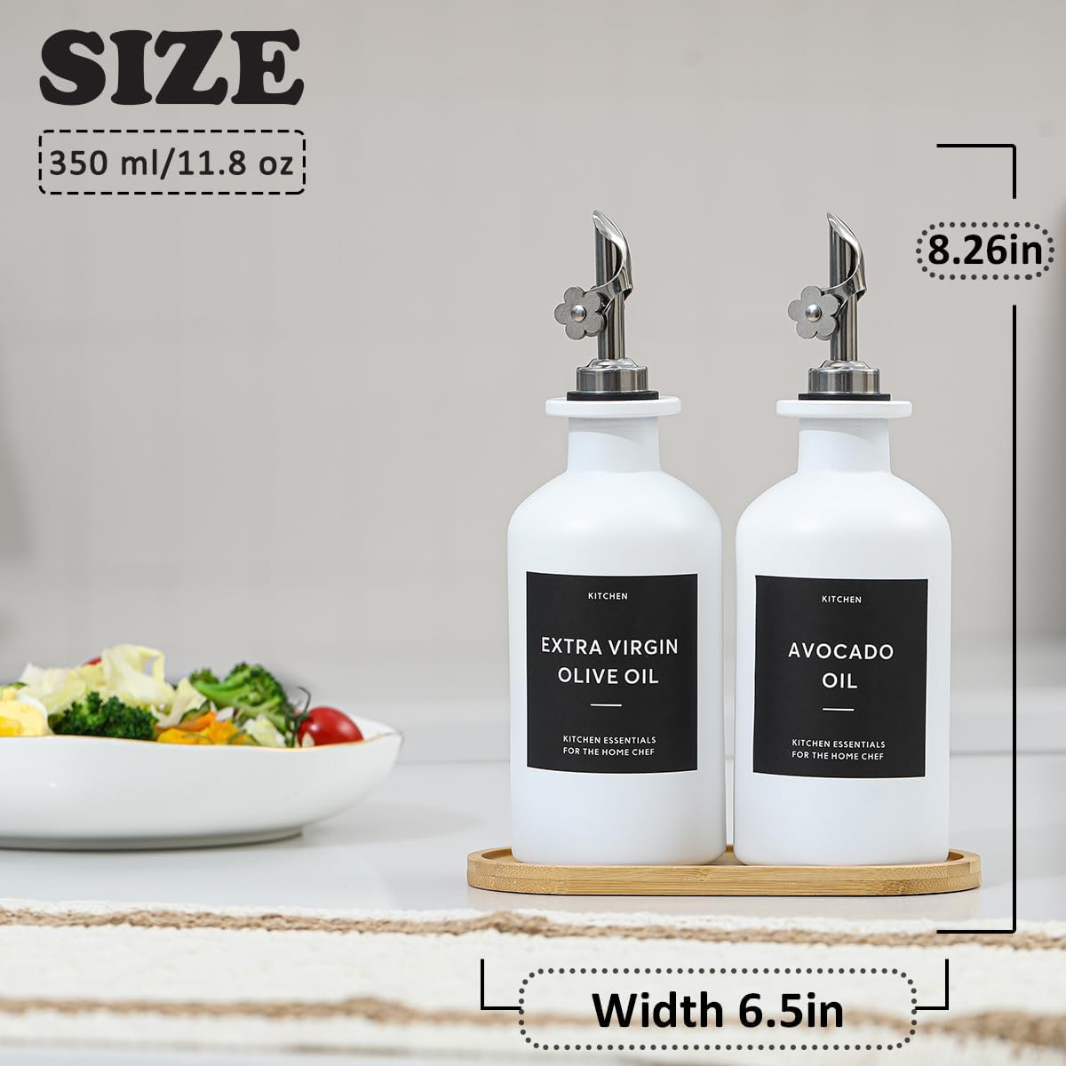 HOMCDALY Olive Oil Dispenser for Kitchen, 11.8oz Glass kitchen Dispenser Bottle, White Oil&Vinegar