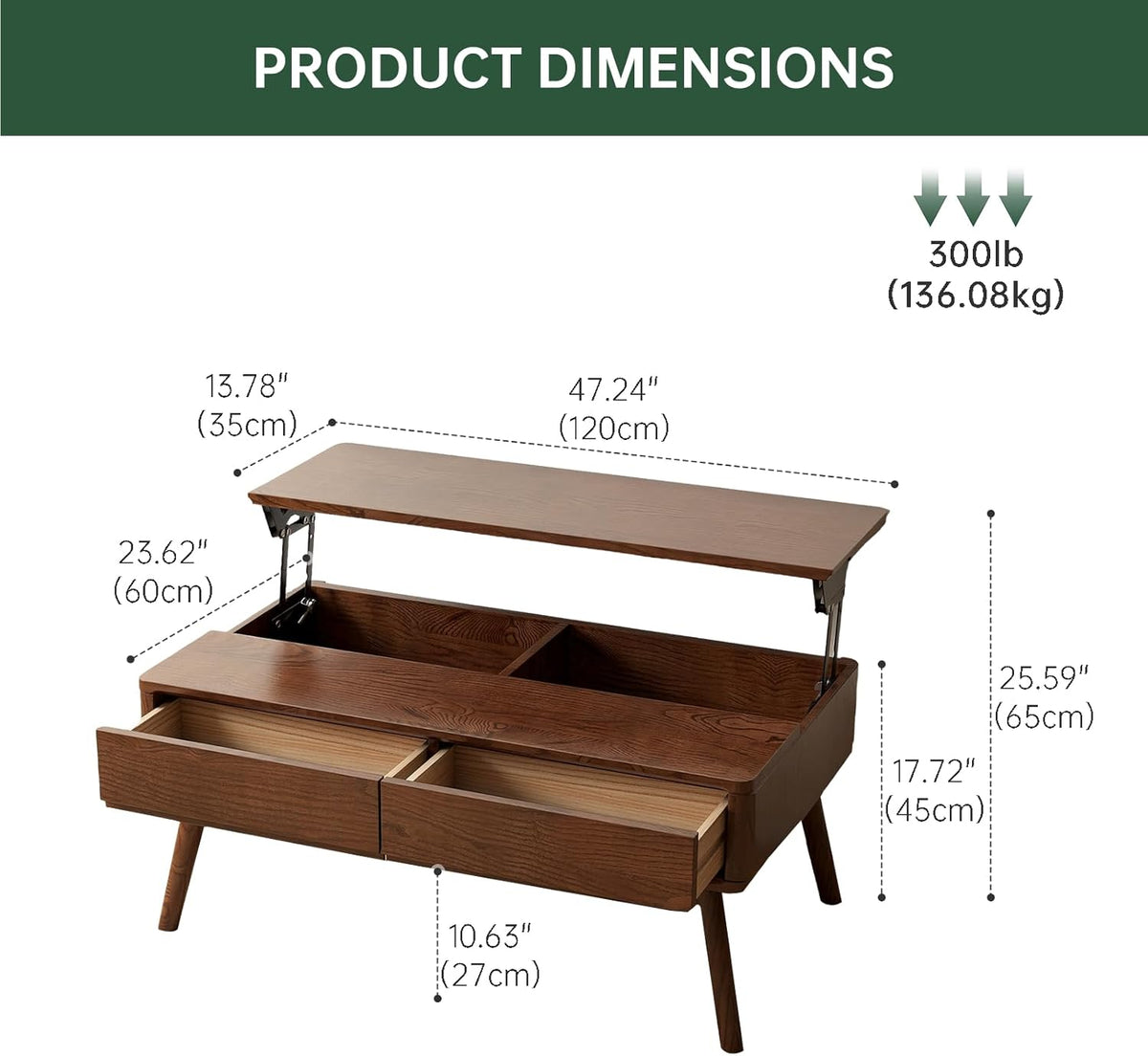 100% Solid Wood Lift Top Coffee Table for Living Room, Mid Century Modern Tables with Drawers and