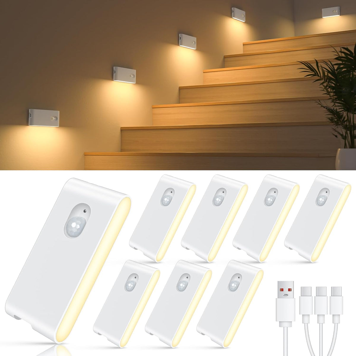 WILLED Rechargeable Night Lights, Warm White Motion Sensor Night Lights, Wireless Stair Lights
