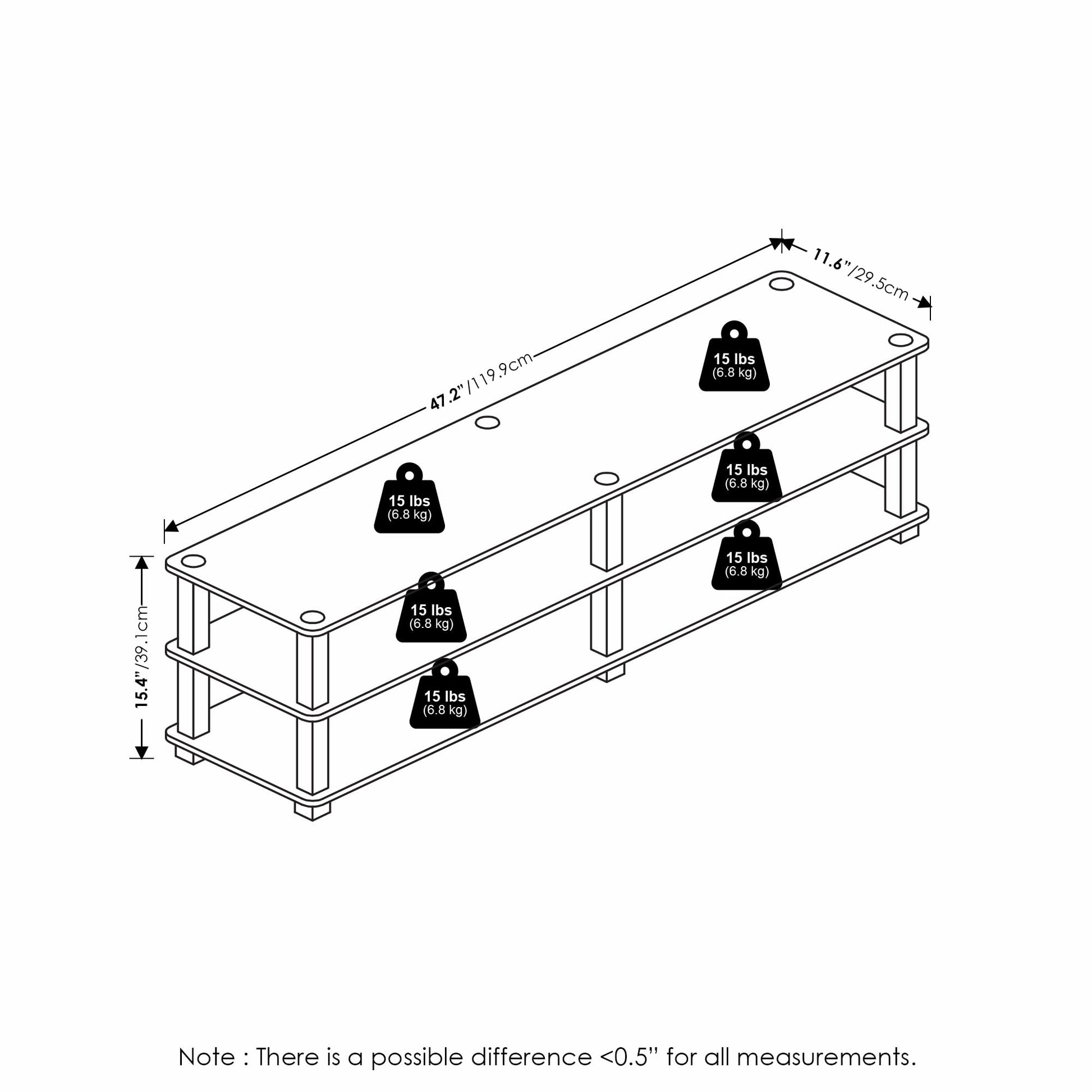 Furinno TURN-S-TUBE Shoe Rack, 3-Tier Wide Shoe Organizer, Open Shelf Rectangular Shoe Storage