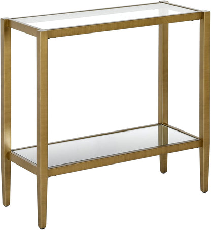 Henn&Hart 24" Wide Rectangular Side Table with Glass Shelf in Antique Brass, Table for Living Room