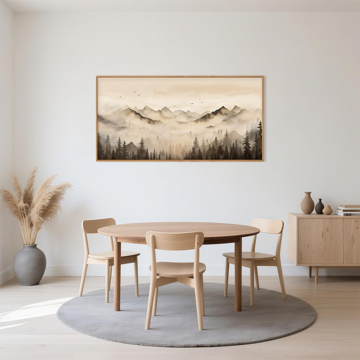 Nature Misty Forest Framed Canvas Wall Art Set, Foggy Landscape Wall Decor, Watercolor Pine Tree