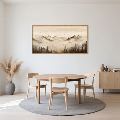 Nature Misty Forest Framed Canvas Wall Art Set, Foggy Landscape Wall Decor, Watercolor Pine Tree