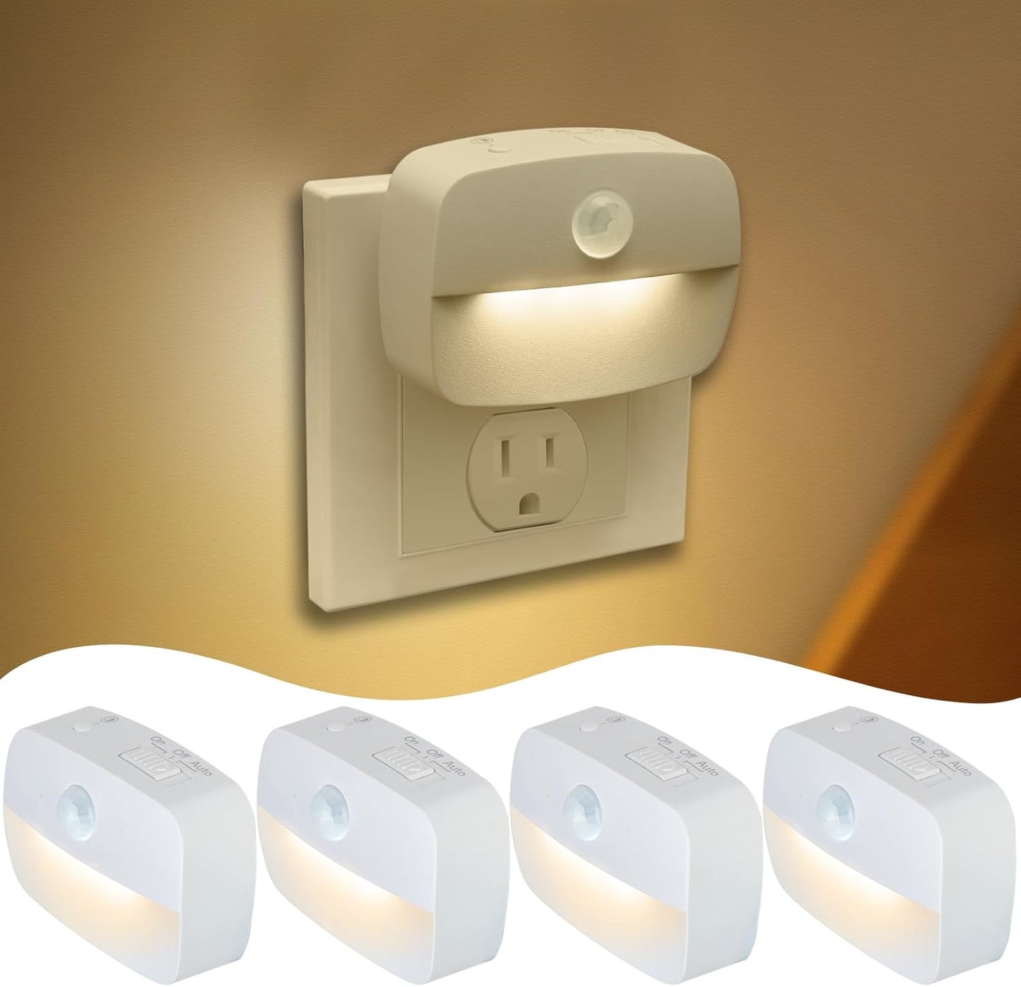 Sossi Motion Sensor Night Light Plug in 4 Pack,10-60Lm Stepless Dimming,3 Light Modes with Memory