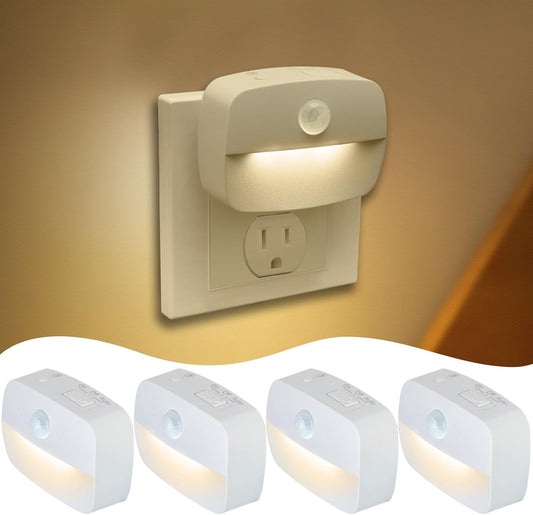Sossi Motion Sensor Night Light Plug in 4 Pack,10-60Lm Stepless Dimming,3 Light Modes with Memory