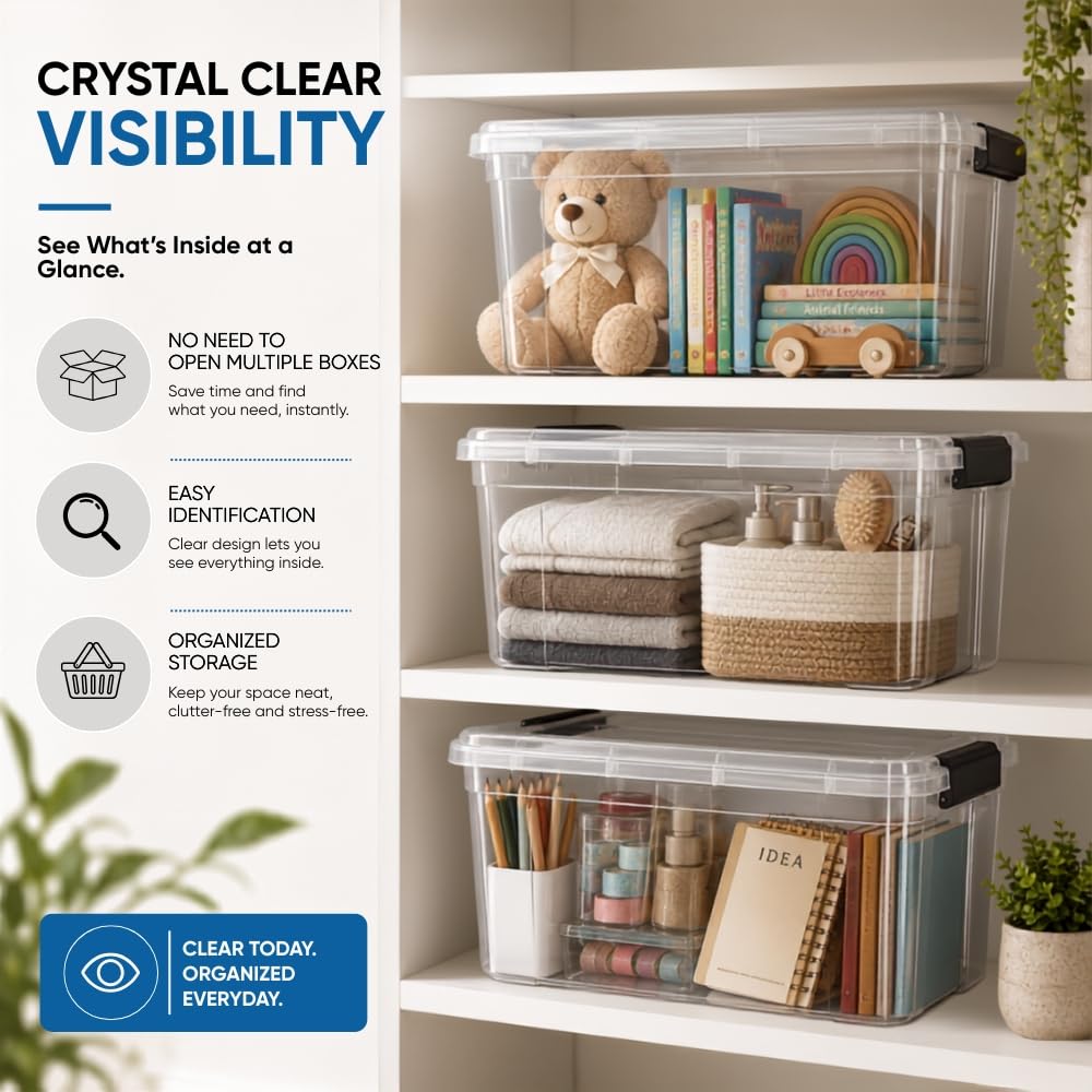 Superio Clear Storage Boxes with Lids, 13.7 Quart Plastic Container Bins for Organizing, Stackable