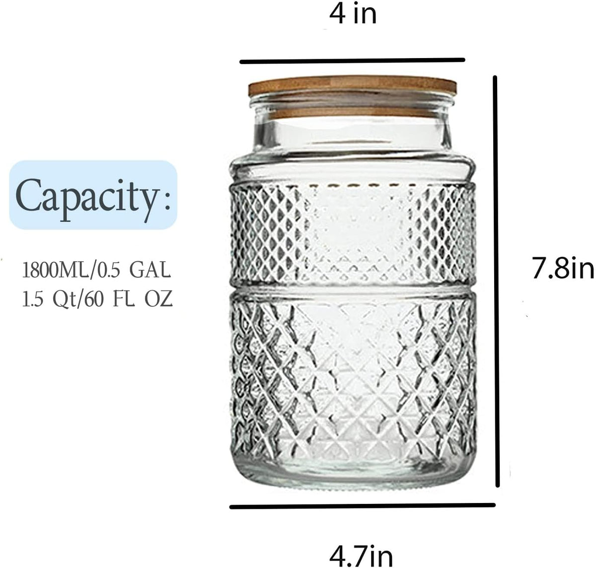 Large Glass Storage Jar, 2 Pack 60 FL OZ Glass Food Storage Containers with Bamboo Lid, Kitchen