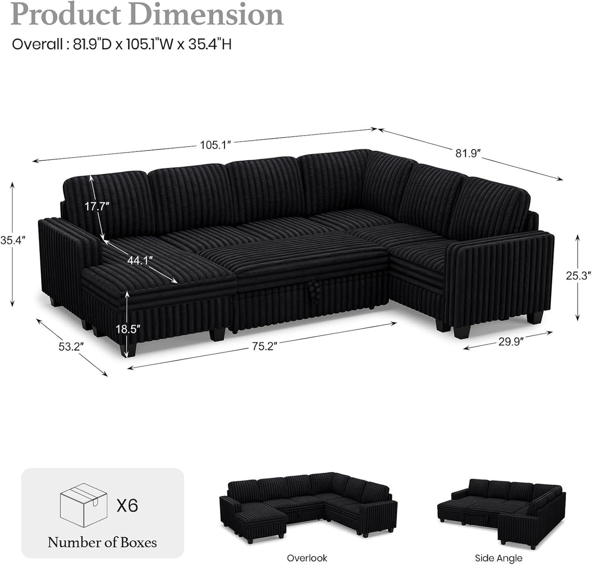 Belffin Corduroy Sleeper Sofa Bed with Storage Chaise Modular Sectional Sofa Couch with Pull Out