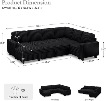 Belffin Corduroy Sleeper Sofa Bed with Storage Chaise Modular Sectional Sofa Couch with Pull Out