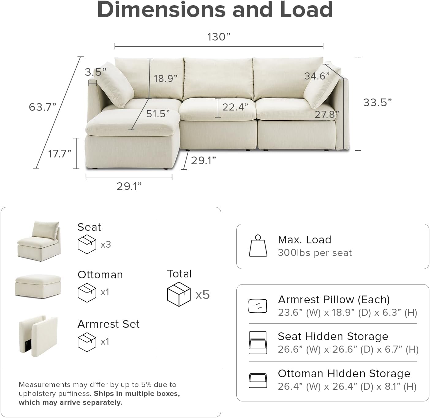 mopio Oversized Modular Sectional Sofa with Fully Removable Covers and Storage, Convertible U