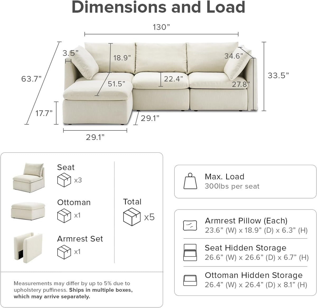 mopio Oversized Modular Sectional Sofa with Fully Removable Covers and Storage, Convertible U