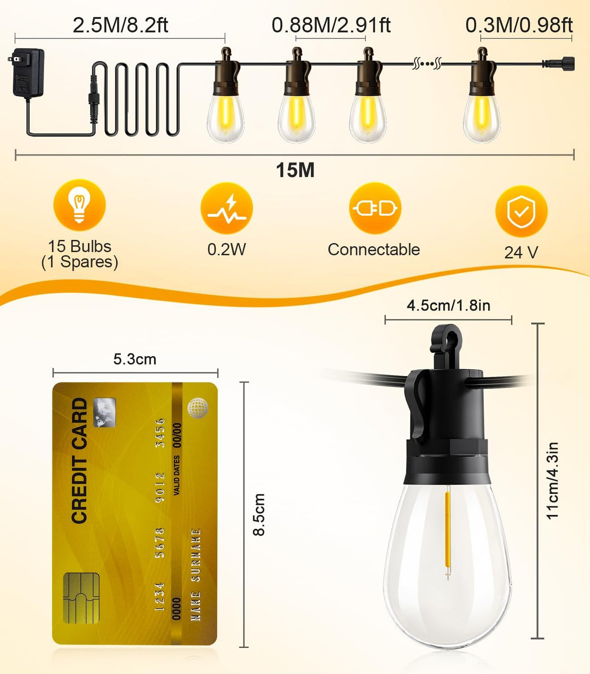 Outdoor-String-Lights-Patio-LED-Light-Outside 50Ft 15M Waterproof Remote Dimmable S14 LED Porch