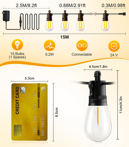Outdoor-String-Lights-Patio-LED-Light-Outside 50Ft 15M Waterproof Remote Dimmable S14 LED Porch