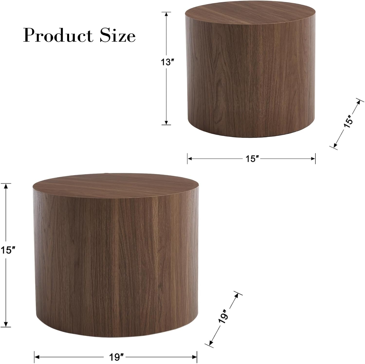 Round Coffee Tables Side Table Set of 2, Wood Nesting End Table for Living Room Balcony Office