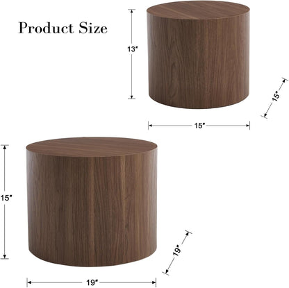 Round Coffee Tables Side Table Set of 2, Wood Nesting End Table for Living Room Balcony Office