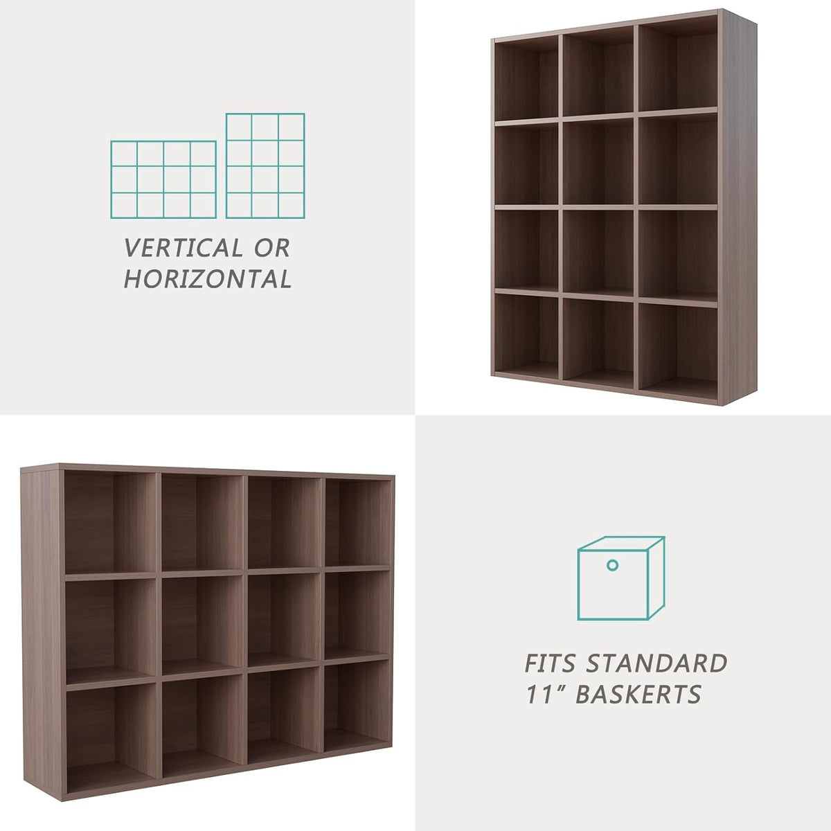 12-Cube Storage Shelf Bookcase - Wooden 3-Tier Floor Standing Open Bookshelf for Home and Office