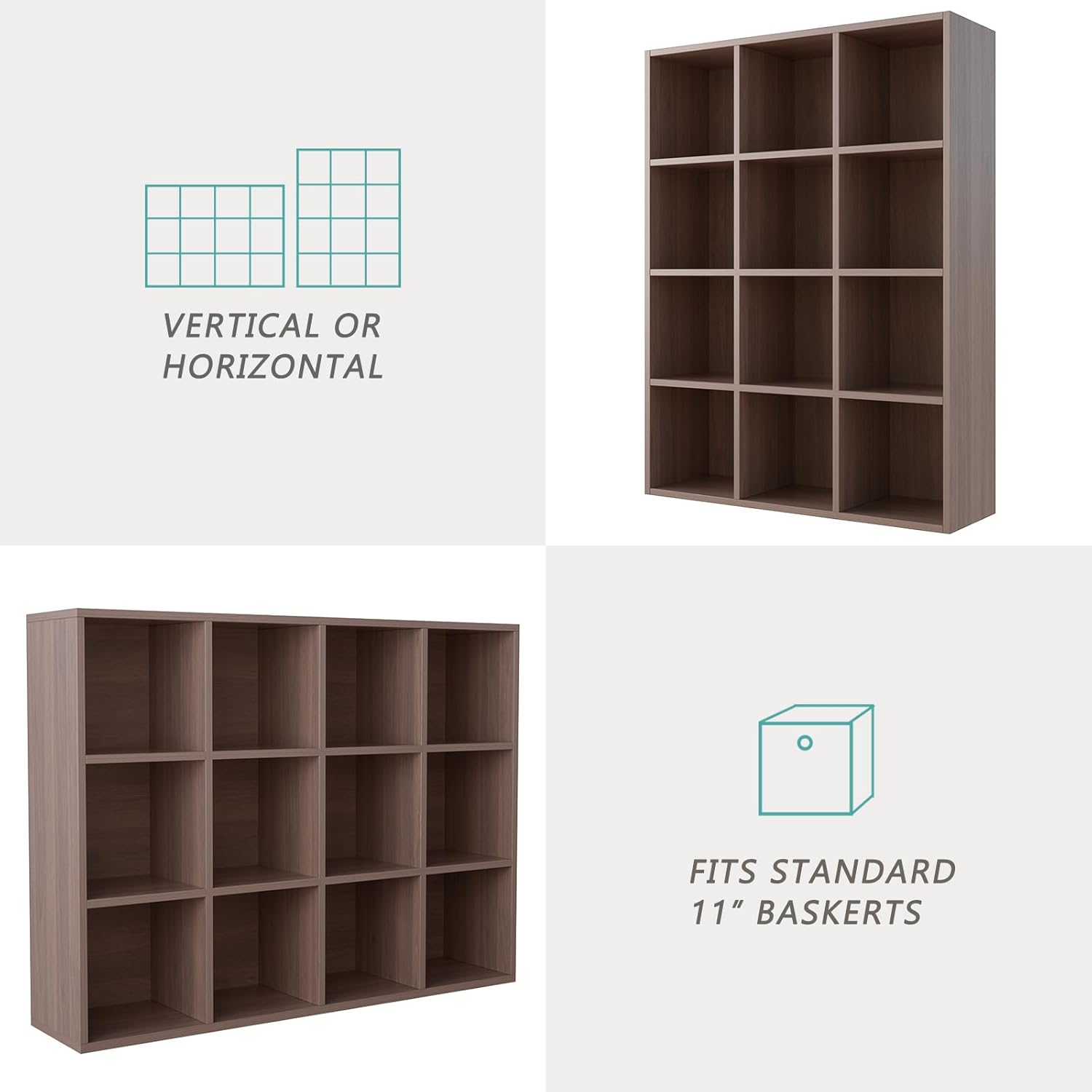 12-Cube Storage Shelf Bookcase - Wooden 3-Tier Floor Standing Open Bookshelf for Home and Office