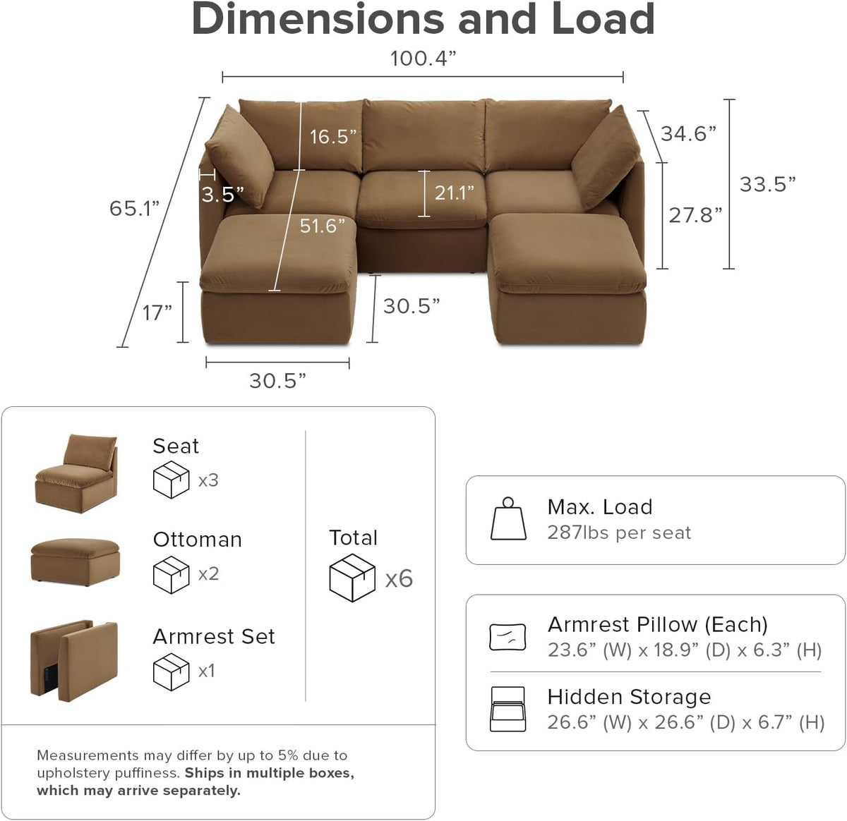 mopio Oversized Modular Sectional Sofa with Fully Removable Covers and Storage, Convertible U