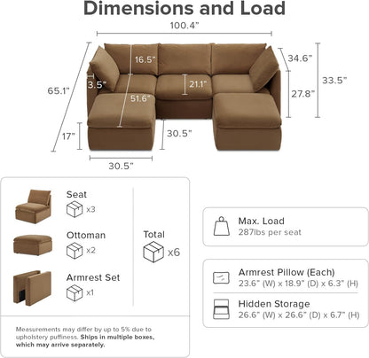mopio Oversized Modular Sectional Sofa with Fully Removable Covers and Storage, Convertible U