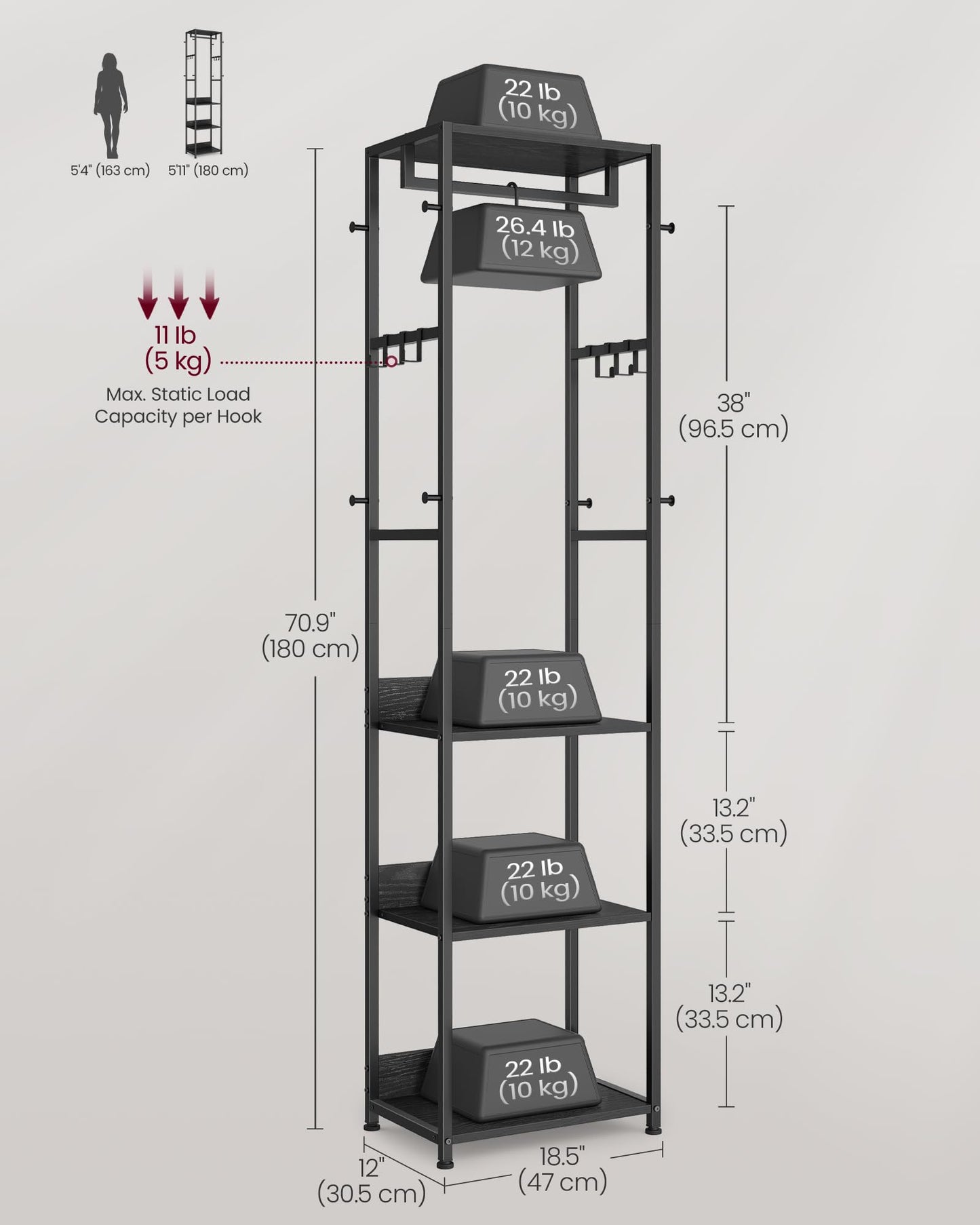 VASAGLE Coat Rack, Freestanding Hall Tree with Shelves, Hanging Rail, and Hooks, Space-Saving Coat